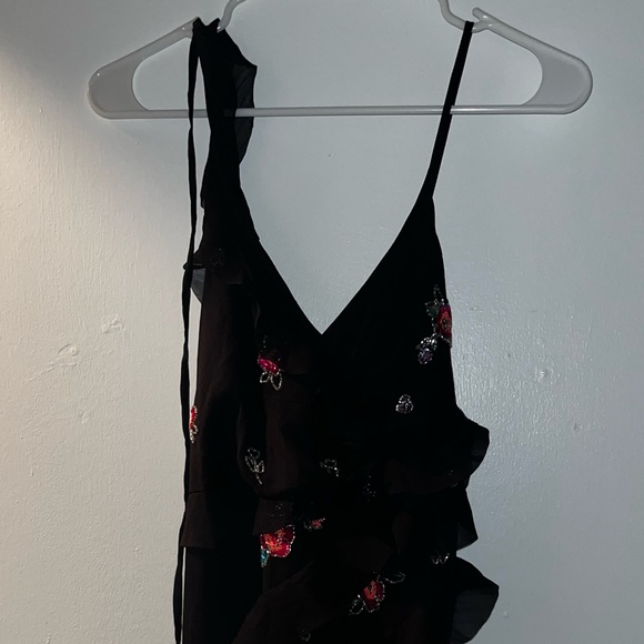 ASOS black chiffon long dress with sequin flowers and plunge crossback. Size 10! - Picture 3 of 9